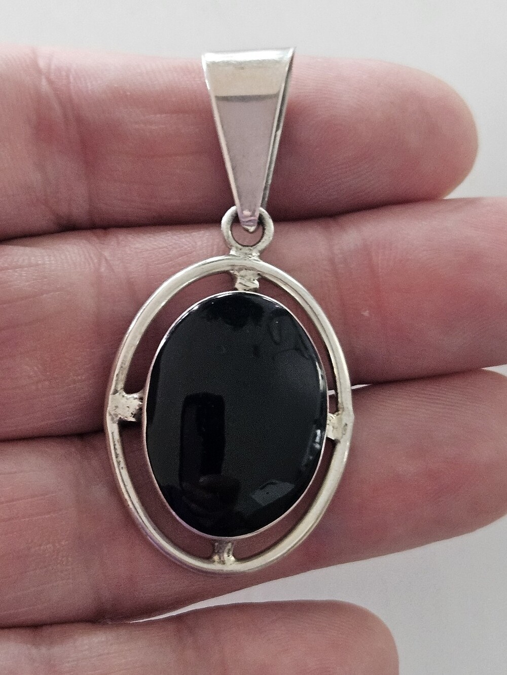 Vintage Taxco Large Sterling Silver Black Onyx Oval Pendant Southwestern